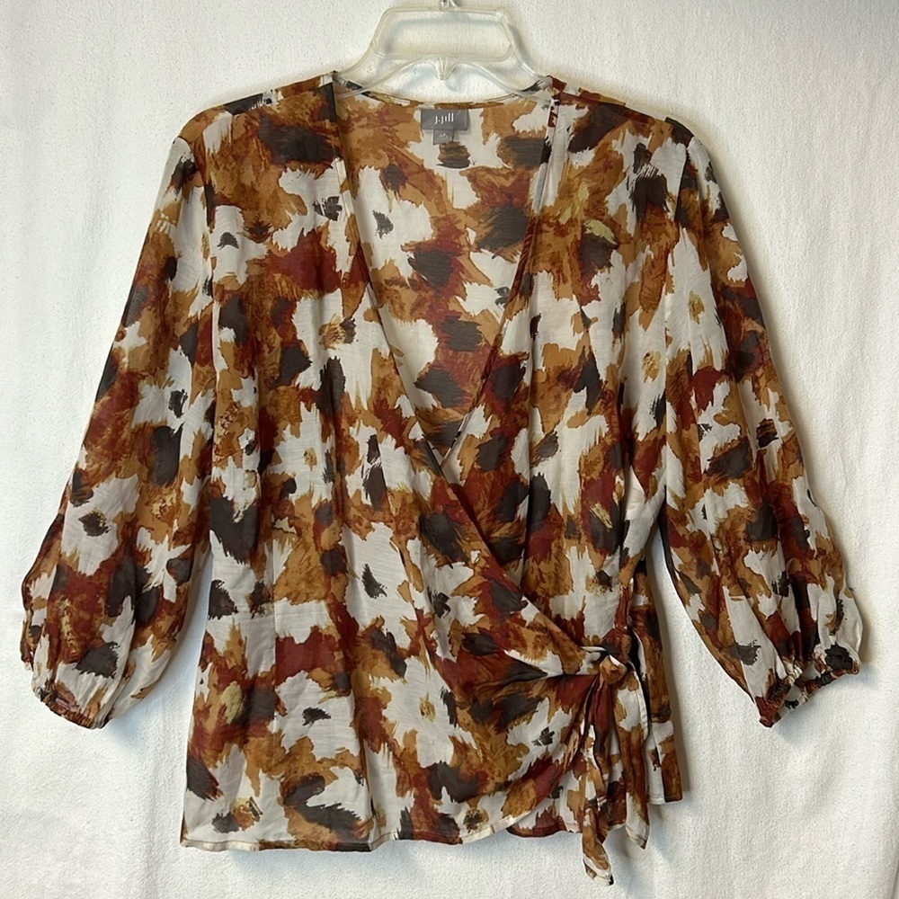 JJill Women’s Wrap Top Size LP Brown Abstract Floral Cotton Silk Blend Sheer